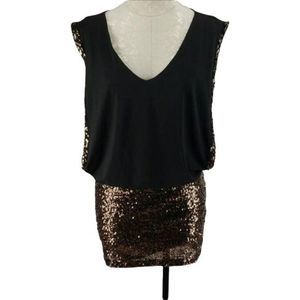 Bebe Women's Black & Gold Sequin‎ Mini Bodycon Sleeveless Dress Size Small